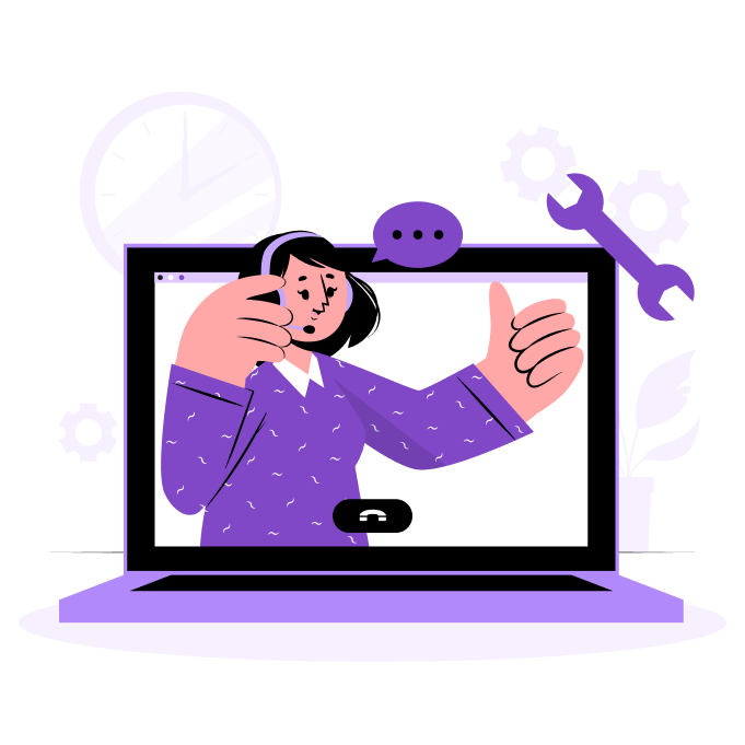 Illustration of a woman providing virtual support through a laptop, representing remote assistance and digital communication.